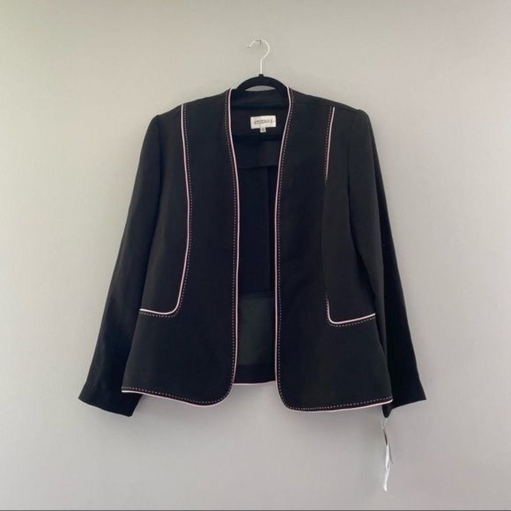 NWT Studio I Black Blazer Open Front Pink Trim NEW